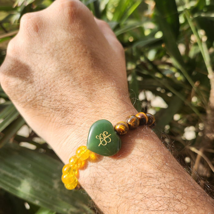 Certified & Energised Money Abundance Bracelet with Heart Zibu - Green Aventurine, Tiger Eye, Pyrite and Citrine