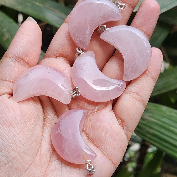 Energised Rose Quartz Moon Shape Pendant without chain for Self Esteem, Compassion and Love