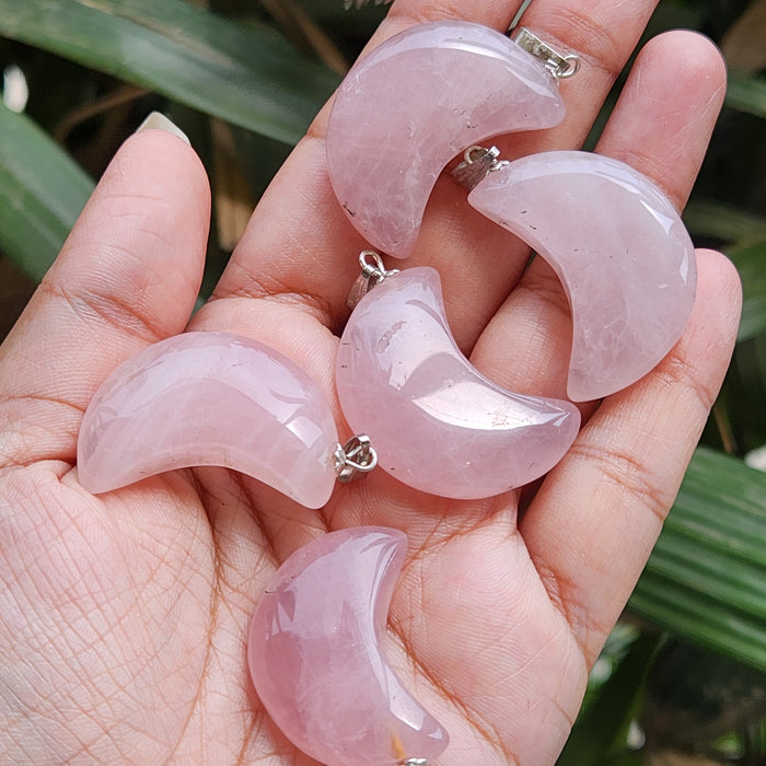 Energised Rose Quartz Moon Shape Pendant without chain for Self Esteem, Compassion and Love