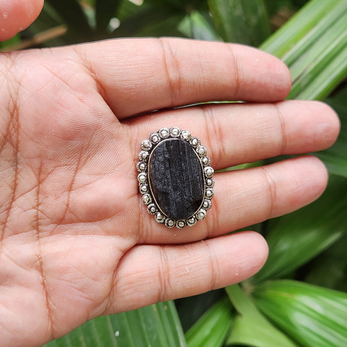 Certified Black Tourmaline Adjustable Ring for Protection & Grounding-R11