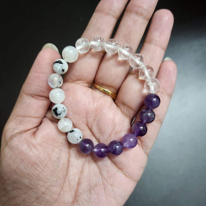 Certified & Energised Amethyst, Moonstone and Clear Quartz Bracelet for Crown Chakra