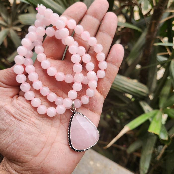 Certified Rose Quartz Necklaces / Mala with Pendant -Design 2