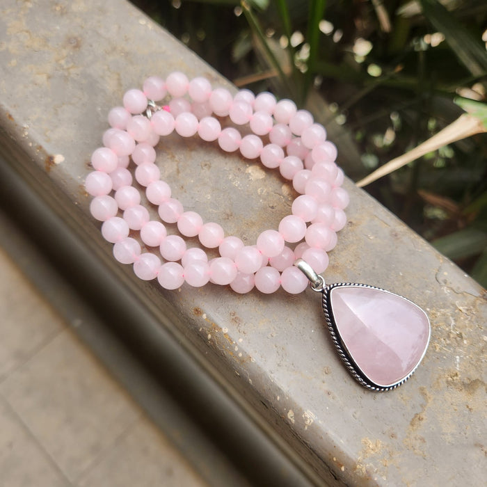 Certified Rose Quartz Necklaces / Mala with Pendant -Design 2