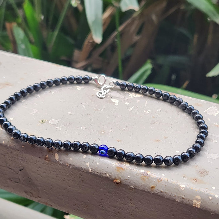 Certified & Energised Black Tourmaline with Evil Eye Anklet for  Grounding Protection (Single Piece)